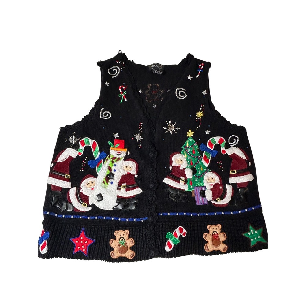 Designers Studio Vintage Christmas Vest Women's Small Black Santa Snowman Bear